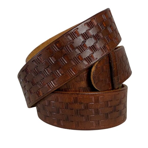 Rugged Basket Weaved Embossed Belt Leather Size XL Cowgirl Western Brass Buckle - Picture 2 of 9